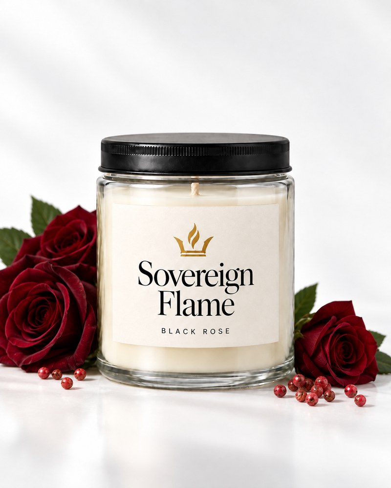 Sovereign Flame Black Rose candle in a clear glass jar