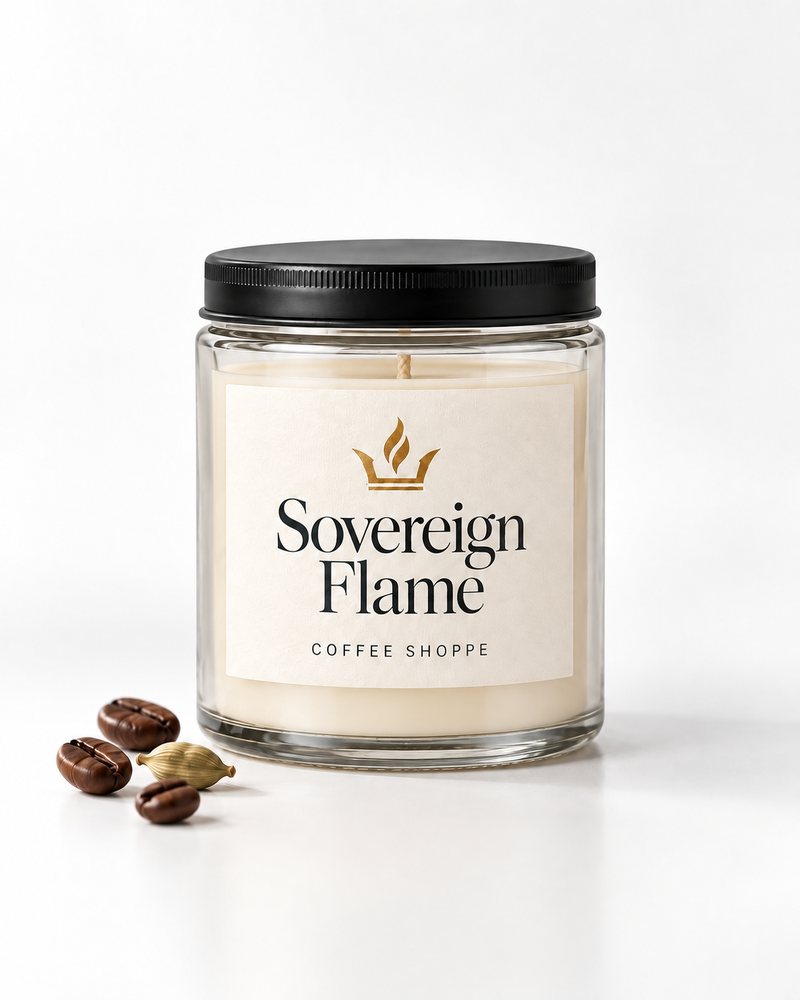 Sovereign Flame Coffee Shoppe candle in a clear glass jar