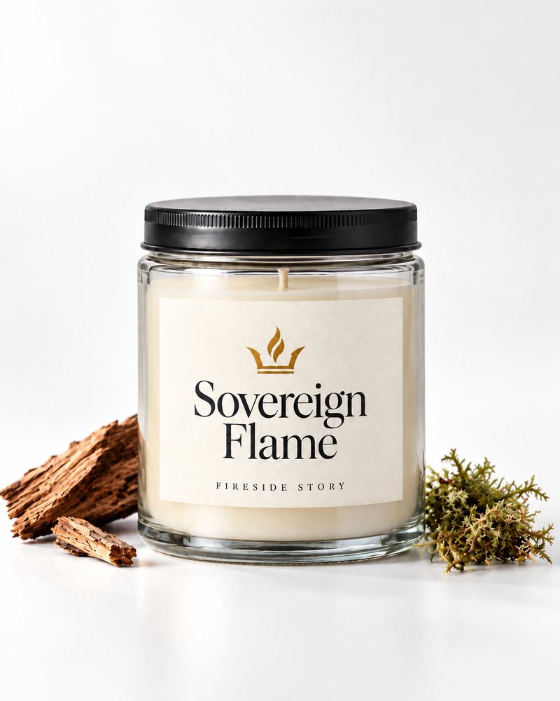 Sovereign Flame Fireside Story candle in a clear glass jar
