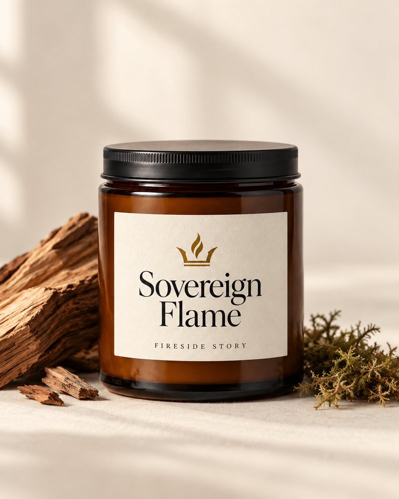 Sovereign Flame Fireside Story candle in an amber glass jar