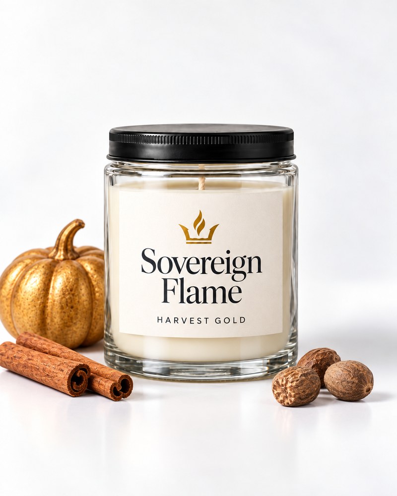 Sovereign Flame Harvest Gold candle in a clear glass jar