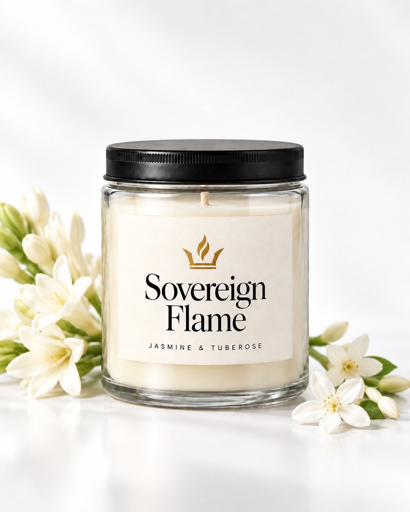 Sovereign Flame Jasmine & Tuberose candle in a clear glass jar