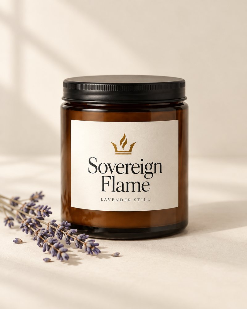 Sovereign Flame Lavender Still candle in an amber glass jar