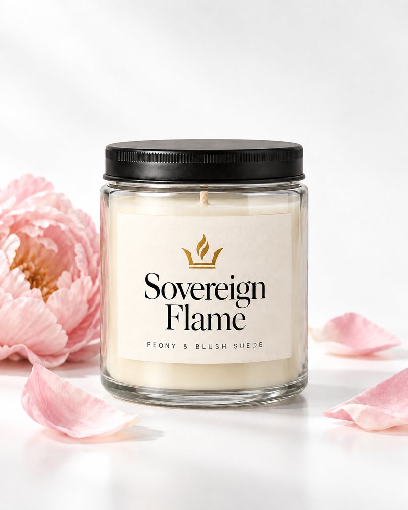 Sovereign Flame Peony & Blush Suede candle in a clear glass jar