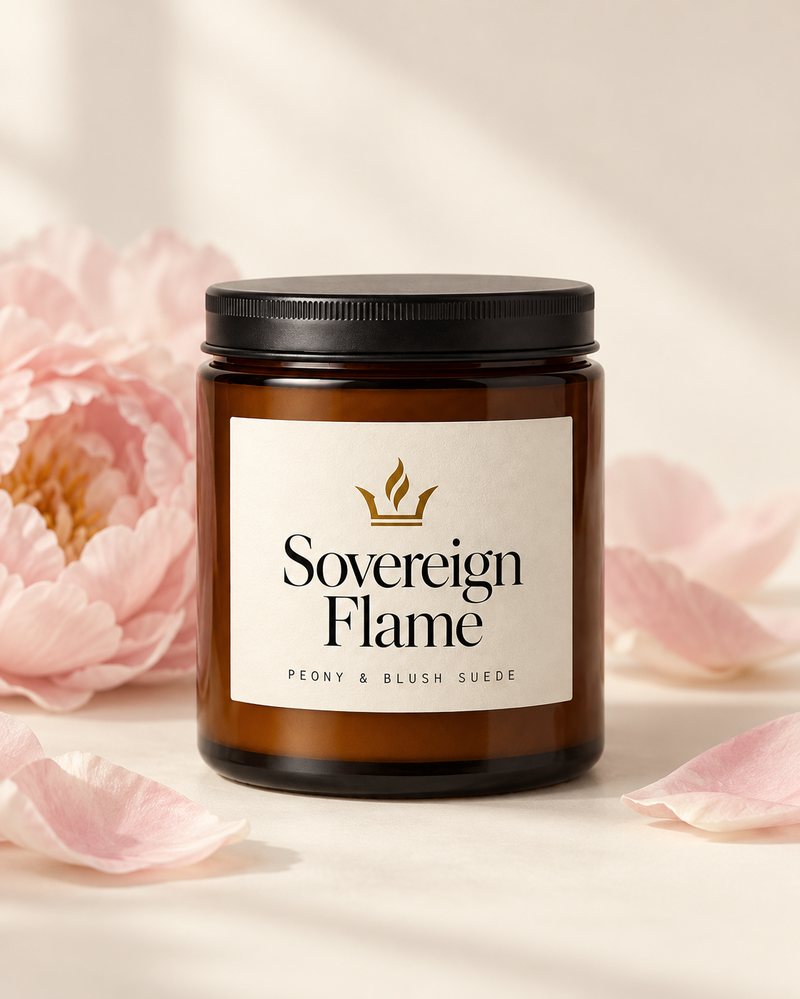 Sovereign Flame Peony & Blush Suede candle in an amber glass jar