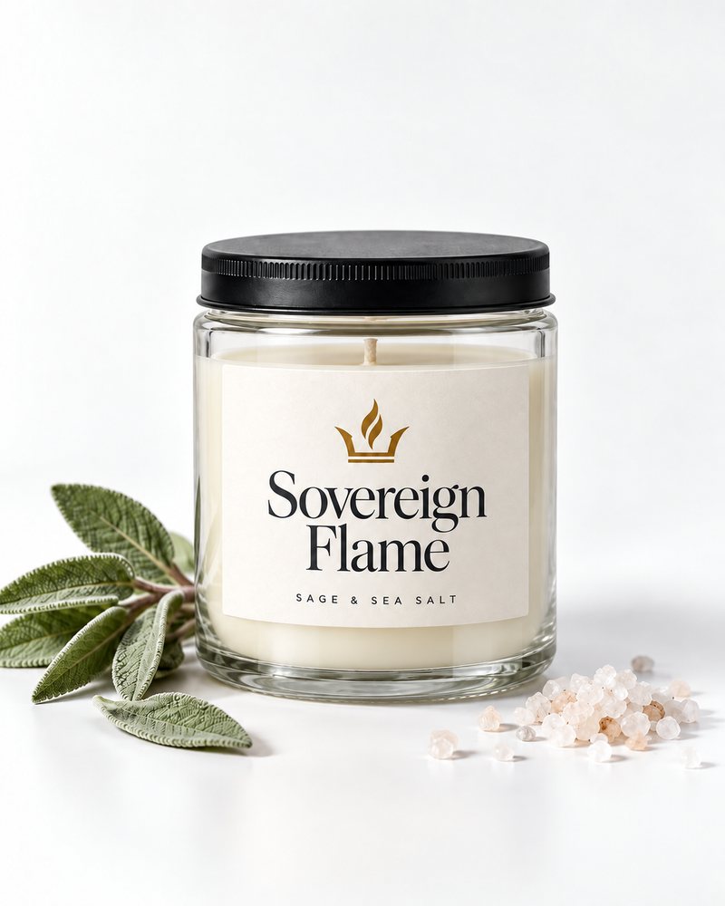 Sovereign Flame Sage & Sea Salt candle in a clear glass jar