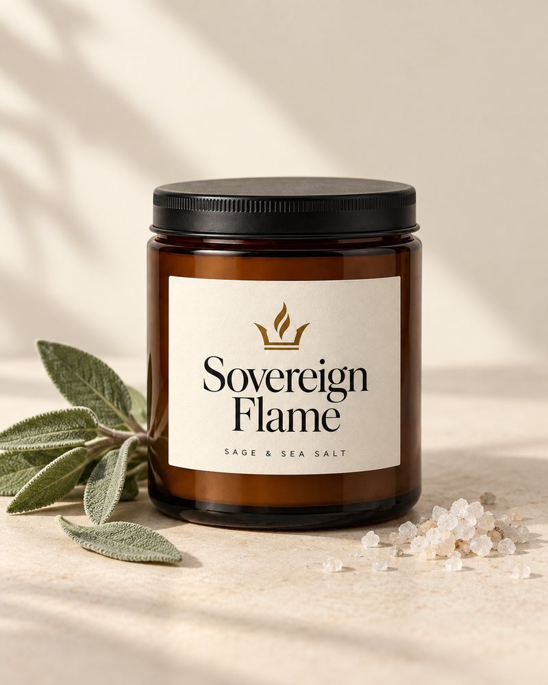 Sovereign Flame Sage & Sea Salt candle in an amber glass jar