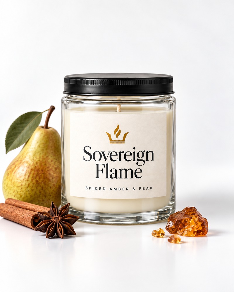 Sovereign Flame Spiced Amber & Pear candle in a clear glass jar