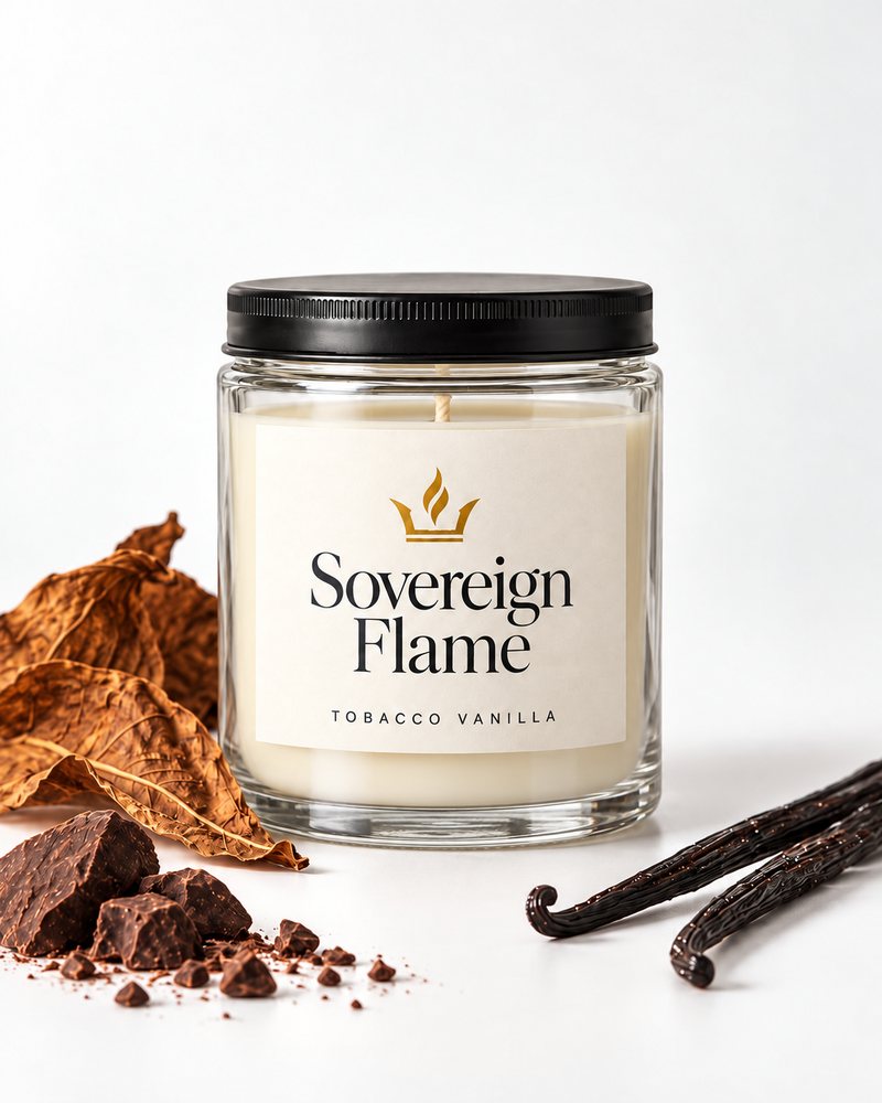 Sovereign Flame Tobacco Vanilla candle in a clear glass jar